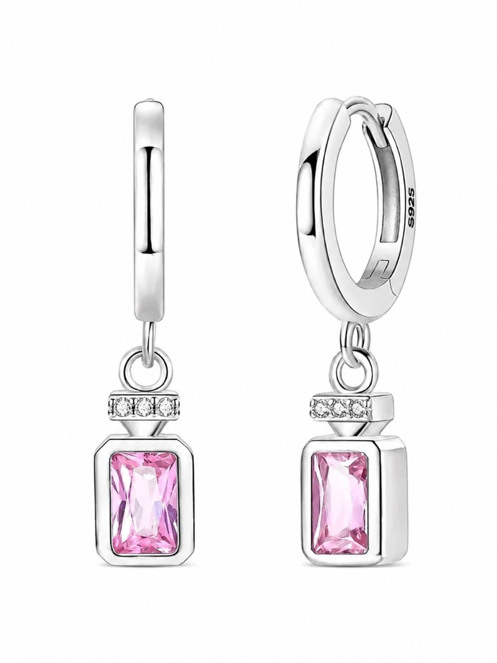 Sterling Silver 925 Pink CZ Gemstone Dangle Huggie Hoop Earrings